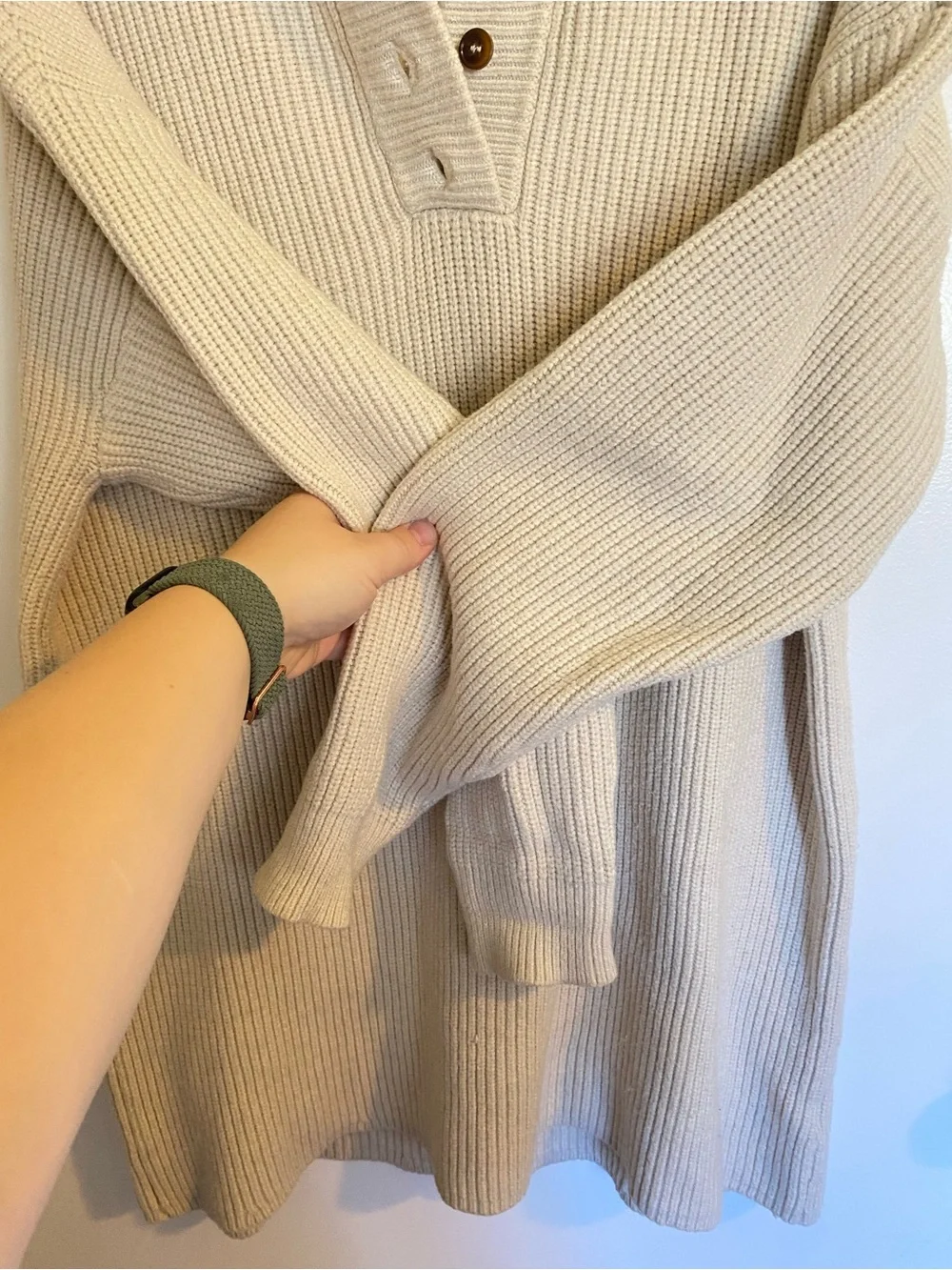 Lulus Cream Ribbed Henley Sweater Dress with Button Placket